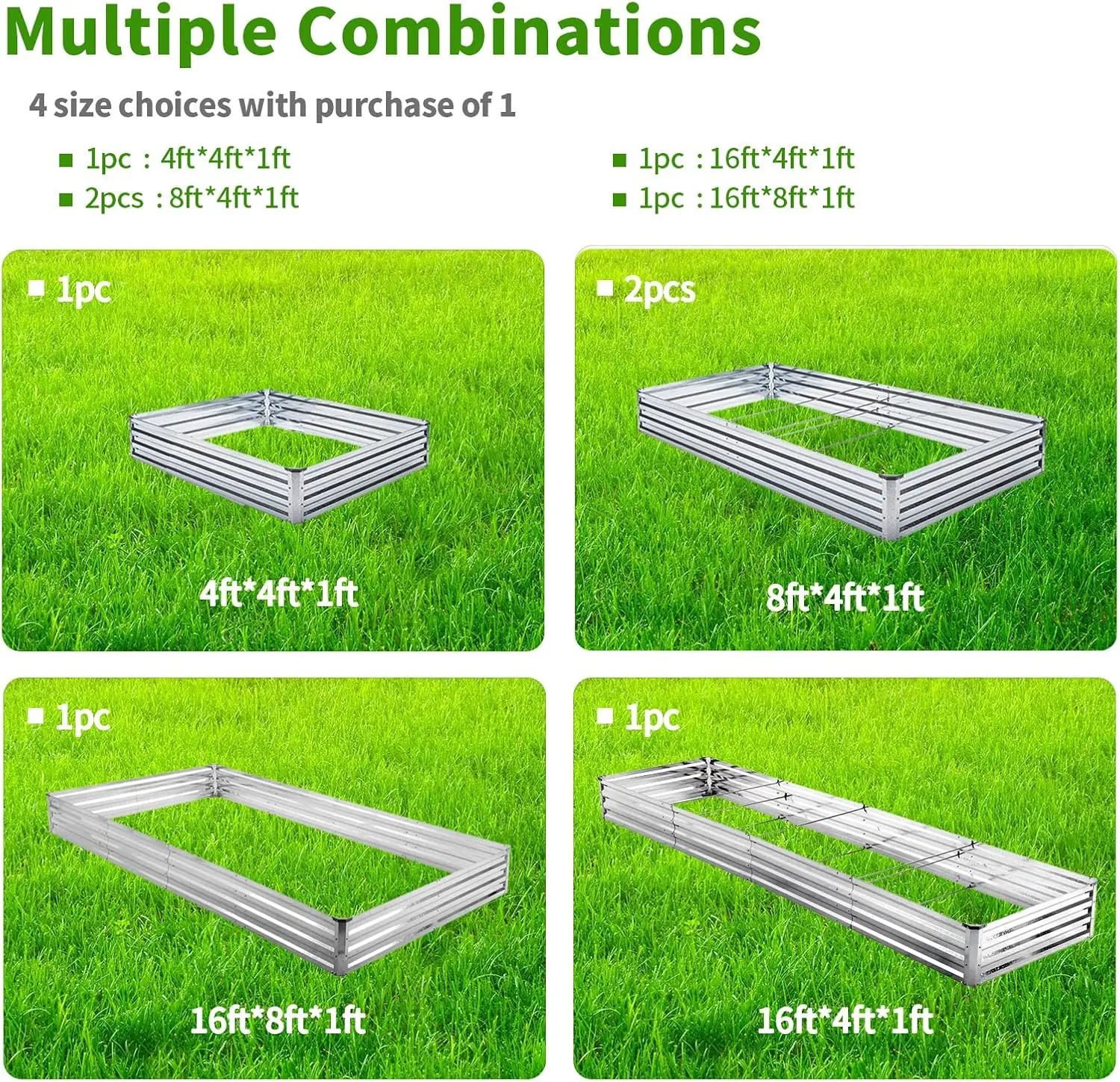 Outdoor Gardening, Galvanized Metal, Silver, 2-Pack 4'x8'x1' Raised Bed Kit for Flowers, Vegetables, and Herbs