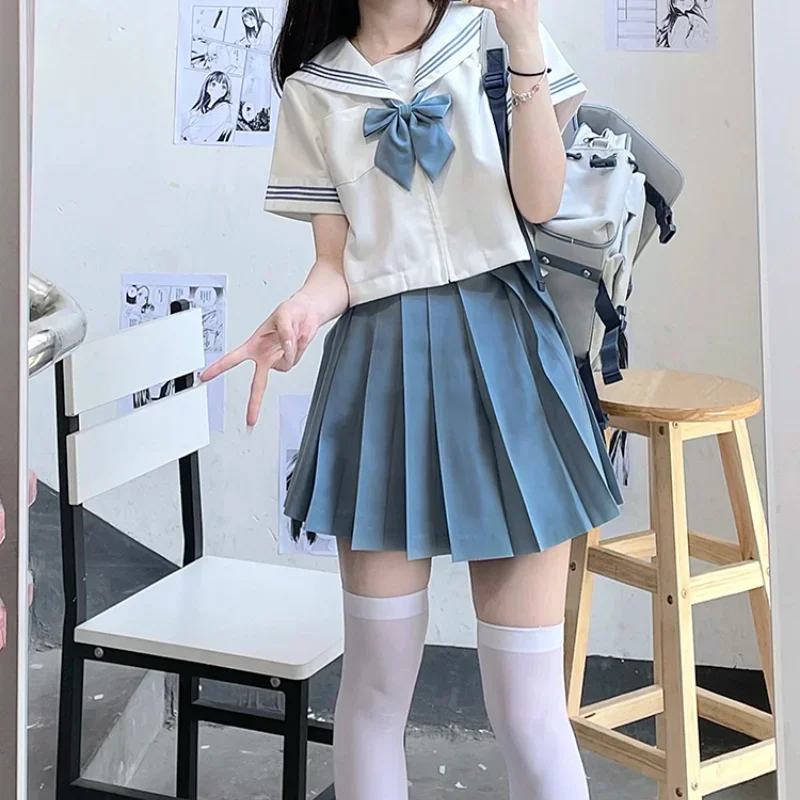 2024 New Japanese JK Uniform Preppy Style Summer and Autumn Blue White Long Short Sleeves Top Pleated Skirt Bow Suit For Girls