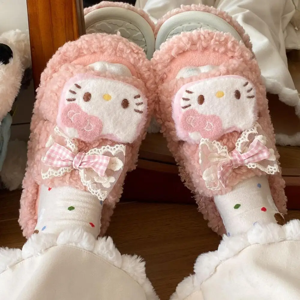 Kawaii женская обувь с героями мультфильмов, бархатные теплые удобные тапочки с милым бантом в стиле аниме, зимние пушистые тапочки, домашние тапочки