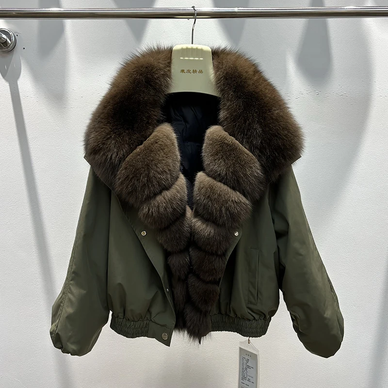 2023 neue Ankunft Frauen Abnehmbare Abnehmbare Große Echt Fox Pelz Kragen Parka Warme Gans Unten Jacke Lose Oversize Parka Mäntel
