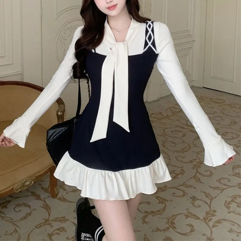 Female Clothing Gentle Mini Dress Fake Two Pieces Spring Autumn Contrasting Colors Aura Scarf Collar Stylish Drawstring Dresses - Image 4