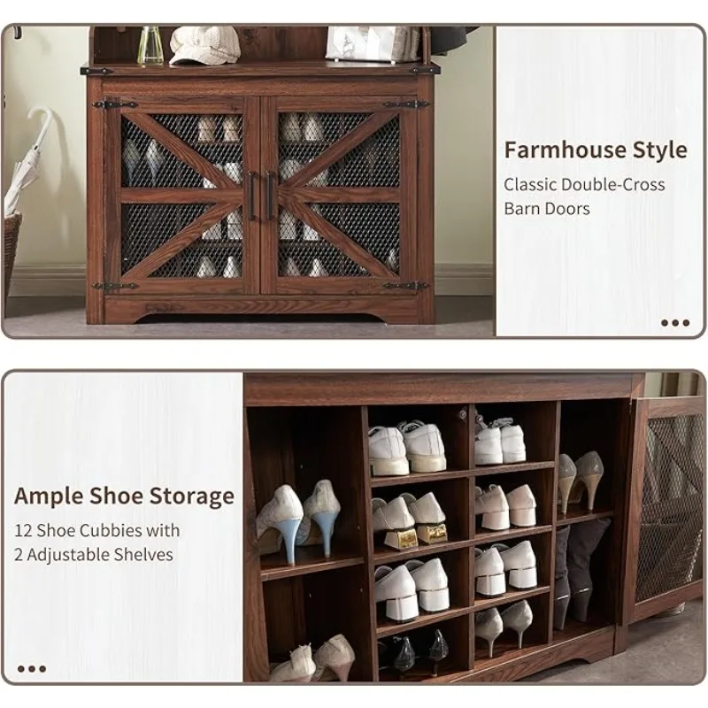 شعبية، 12 مكعب أحذية و7 خطافات معطف، شجرة قاعة واسعة 42 بوصة مع مقعد تخزين الأحذية، خزانة تخزين غرفة الطين