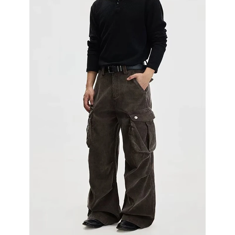 Vintage Distressed Corduroy Work Pants For Men Punk Style Loose Wide-Leg Multi-Pocket Design Straight Trousers