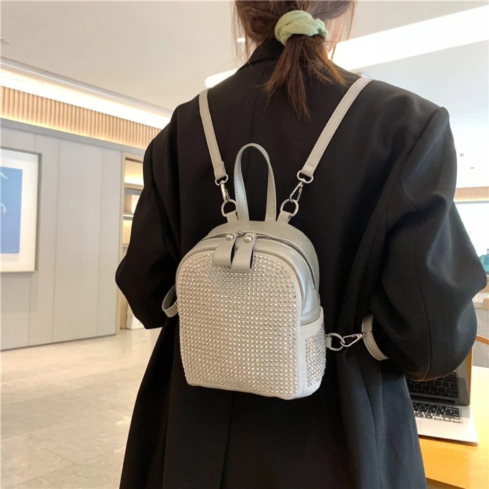 Fashion Large Capacity Women's Backpack Rhinestone Adjustable Shoulder Bag Zipper PU Leather Mini School Backpack Outdoor