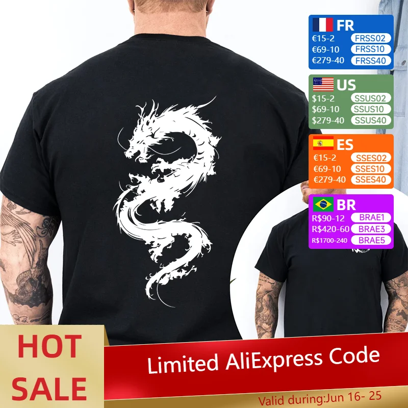 

230 Gms 100% Cotton T-shirts for Men High Quality Chinese Dragon Printed Short Sleeved Top Male Home Outdoor Casual Fashion Tees