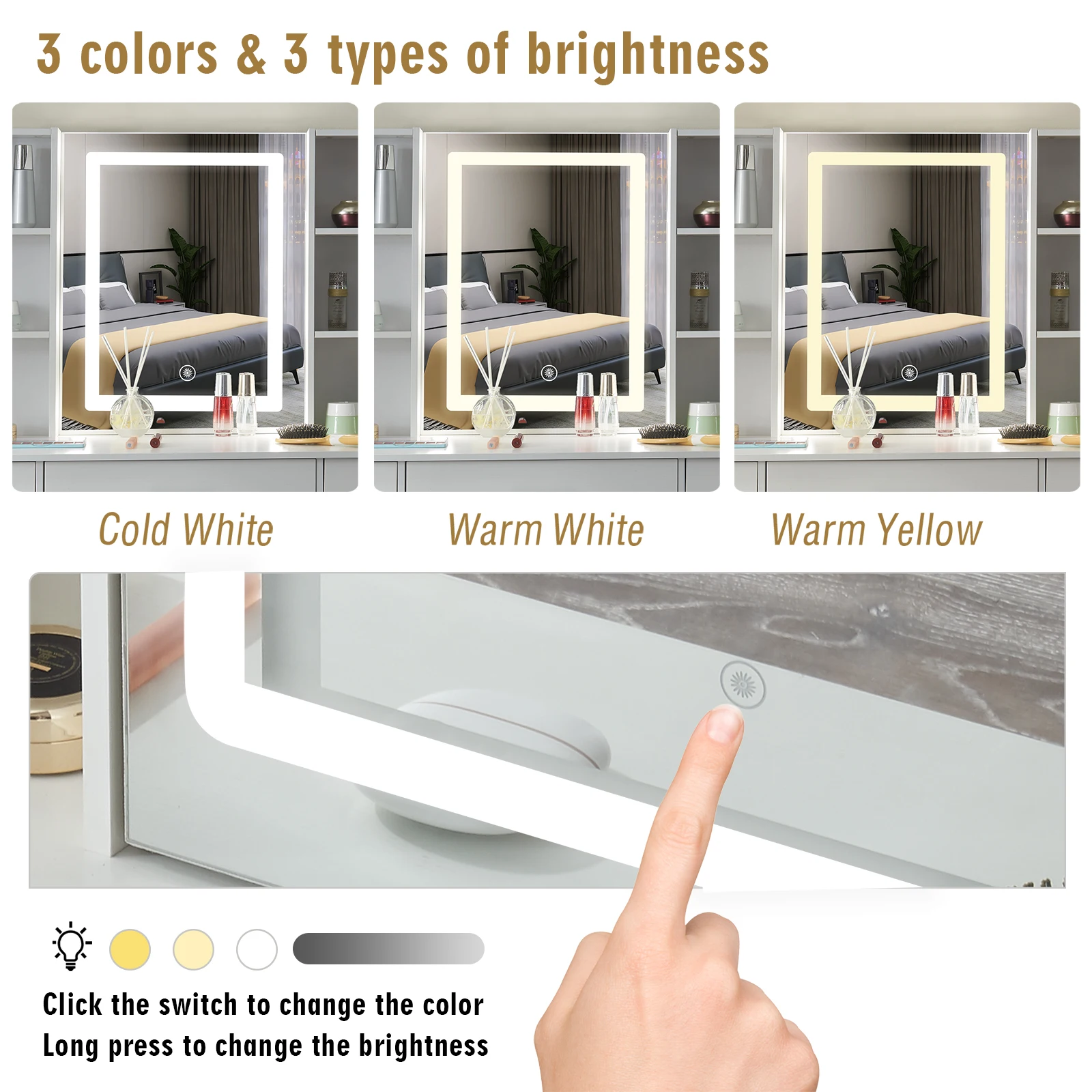 【صفقات 11.11، عروض الجمعة السوداء 2025】مجموعة زينة كبيرة بمرآة مضاءة LED وطاولة مكياج مكونة من 3 أدراج