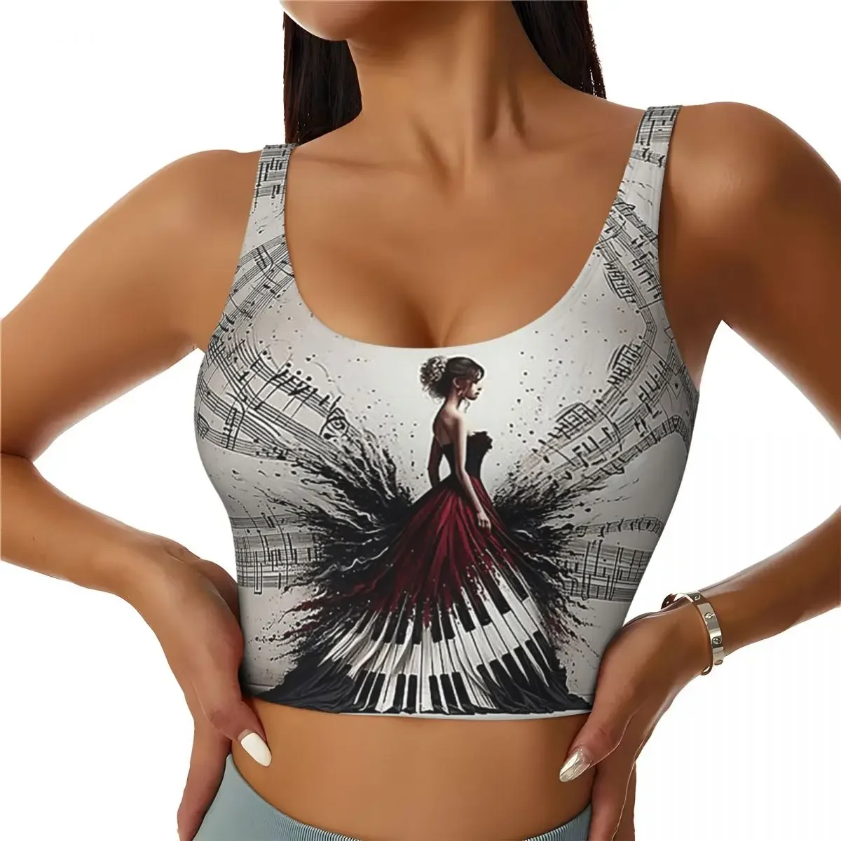 Custom Beautiful Lady Piano Musical Notes, Wavy Dress Women Sports Bras High Impact Vest Gym Workout Yoga Crop Tank Tops