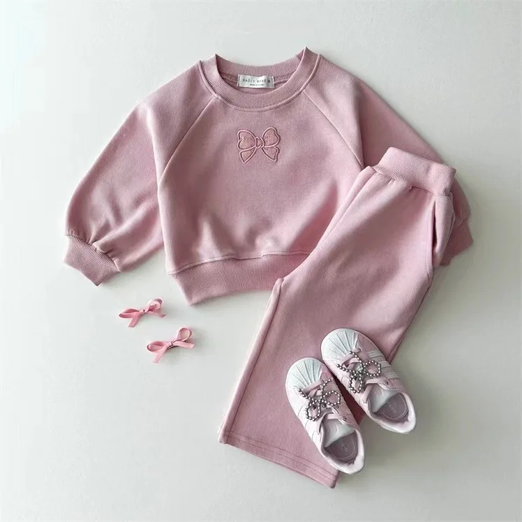 Girls Autumn Clothing Korean Children Clothing Cotton Bow Girls Baby Autumn Set Little Girls O-neck Hoodie Pant Two-piece Set