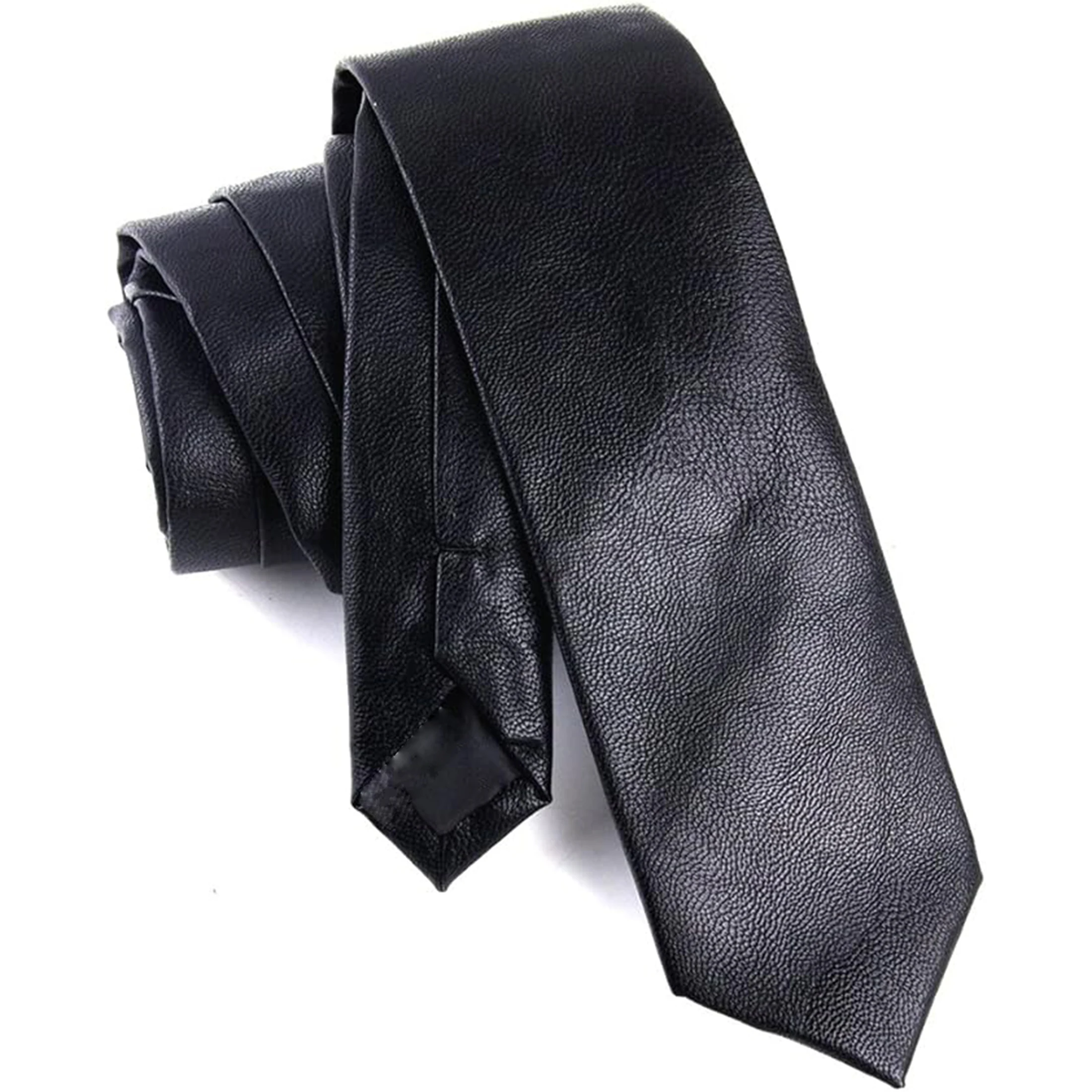 Men's Handmade PU Leather Black Skinny Necktie 5.5CM Width Ties for Wedding Business Suit Shirt Accessries