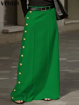 Plus Größe 5XL VONDA Sommer Röcke Frauen Tasten Hohe Taille Lange Maxi Rock 2024 Mode Elegante Einfarbig Beiläufige Lose Böden