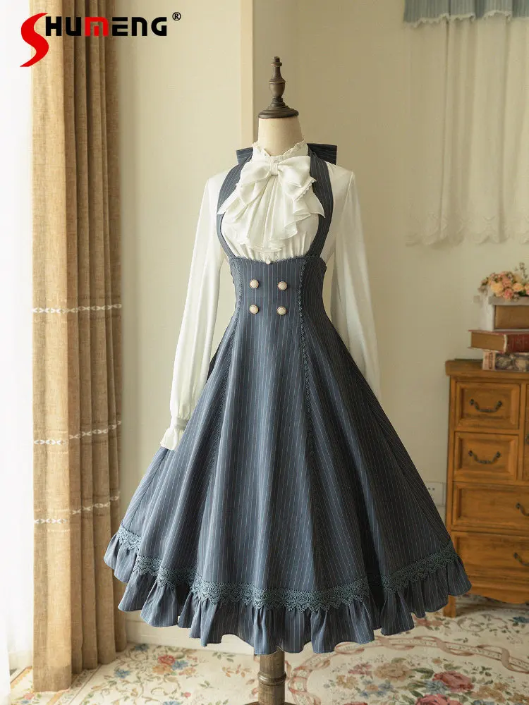 

Original Lolita Woman Halter Sling Dress 2023 Spring and Autumn New French Style Lolita Complex Striped Gray Blue Strap Dresses