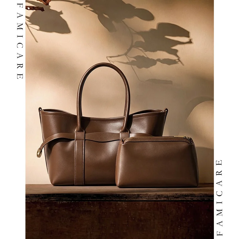 Solid Color Women Split Leather Tote Bags with Detachable Inner Pouch Lady Large Capacity Crossbody Bag Fashion Shoulder Bag