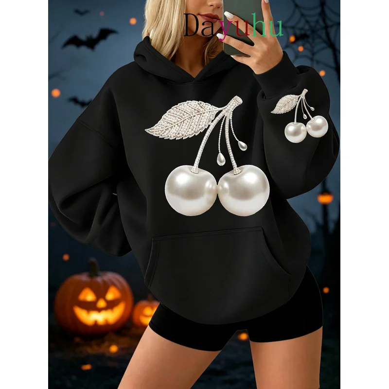 Aesthetic 2026 Vintage Retro Y2K Oversized Hoodie Halloween Pearl Cherry Print Autumn Winter Street Wear Preppy Sweatshirt