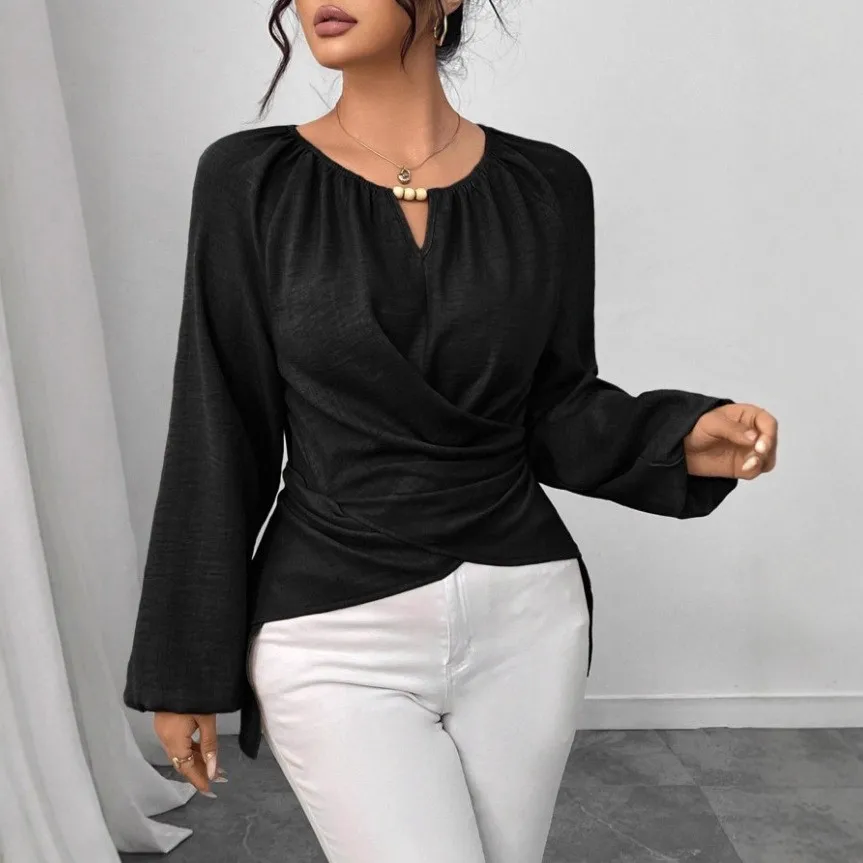 Women's Elegant Solid Color Woven Blouse with Round Neck Tie Detail Mid-Length Sleeved Shirt for Women Casual Wear in Olive