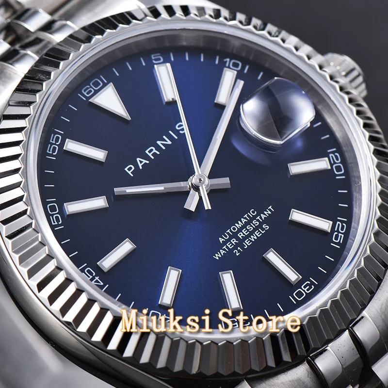 Parnis 39.5mm black silver Blue Dial Automatic Mens Watch Miyota 8215 Movement wristwatch date window