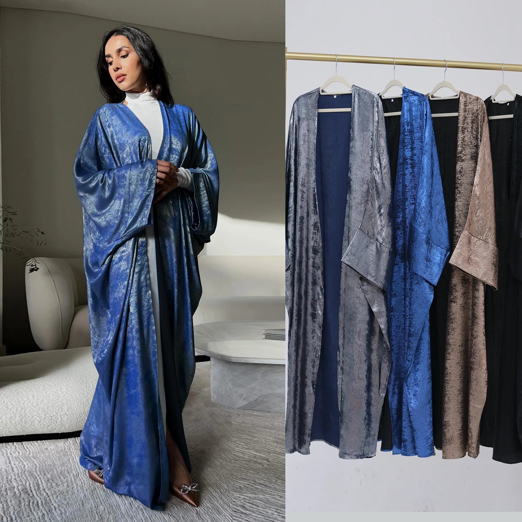 

Eid Open Abaya Dubai Luxury Cardigan Muslim Hijab Dress Bronze Fabric Abayas for Women Islam Kimono Femme Musulmane Kaftan Robe