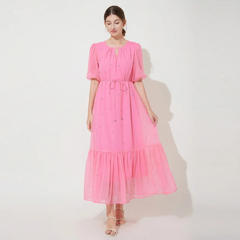 브랜드 크리스탈 정장 이브닝 드레스 고급 여성 여름 반팔 루즈핏 큰 사이즈 롱 드레스 여성 프롬 웨딩 미디 드레스