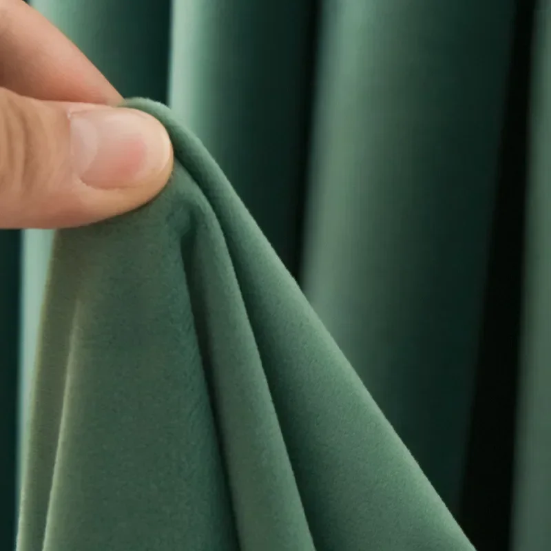 Custom Size Simple Modern Velvet Solid Color Thickened Green Curtains for Decoration of Living Room and Bedroom Window Blackout