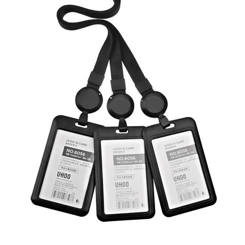 Funda negra para tarjeta de trabajo de identificación con carrete de insignia retráctil, cordón, soporte para tarjeta de identificación, etiqueta para el pecho, funda para tarjeta de trabajo