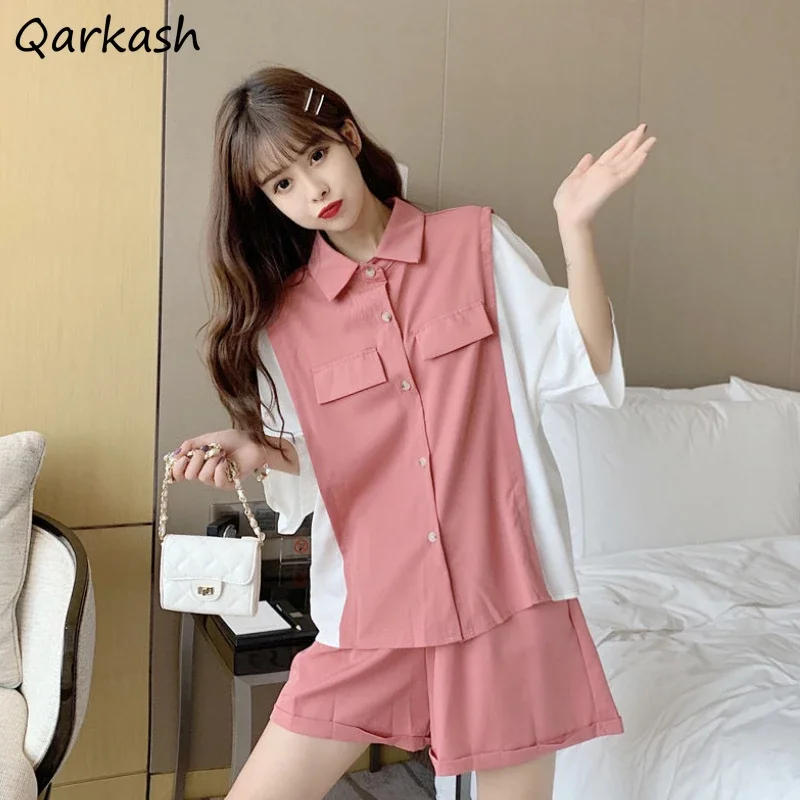 مجموعات النساء الشباب الحلو الطلاب السراويل الصيف المرقعة Femininno قمصان فضفاضة كل مباراة الكورية موضة Kawaii Y2k Ins Harajuku