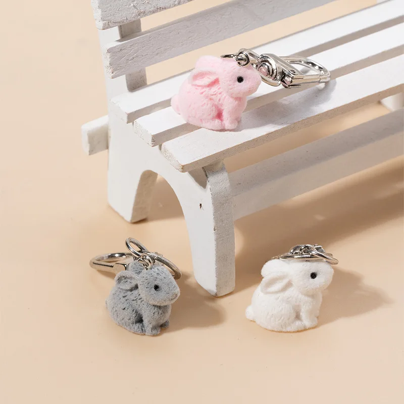 Cute Cartoon Animal Pendants Keyring 3D Resin Flocking Rabbit Keychain Bag Backpack Pendant Car Key Holder for Gift Women