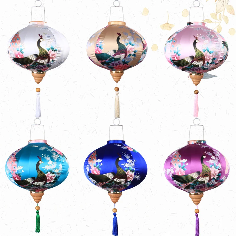 12/14 Inch Retro Silk Lanterns Vietnam Japan Chinese Traditional Lantern Peacock Pattern Lantern New Year Spring Festival Decor