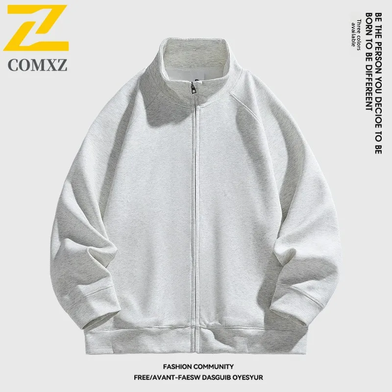 

COMXZ Plus Size Heavyweight Stand Collar Solid Color Cardigan Sweater Men Autumn Winter American Style Jacket Zipper Sports Coat