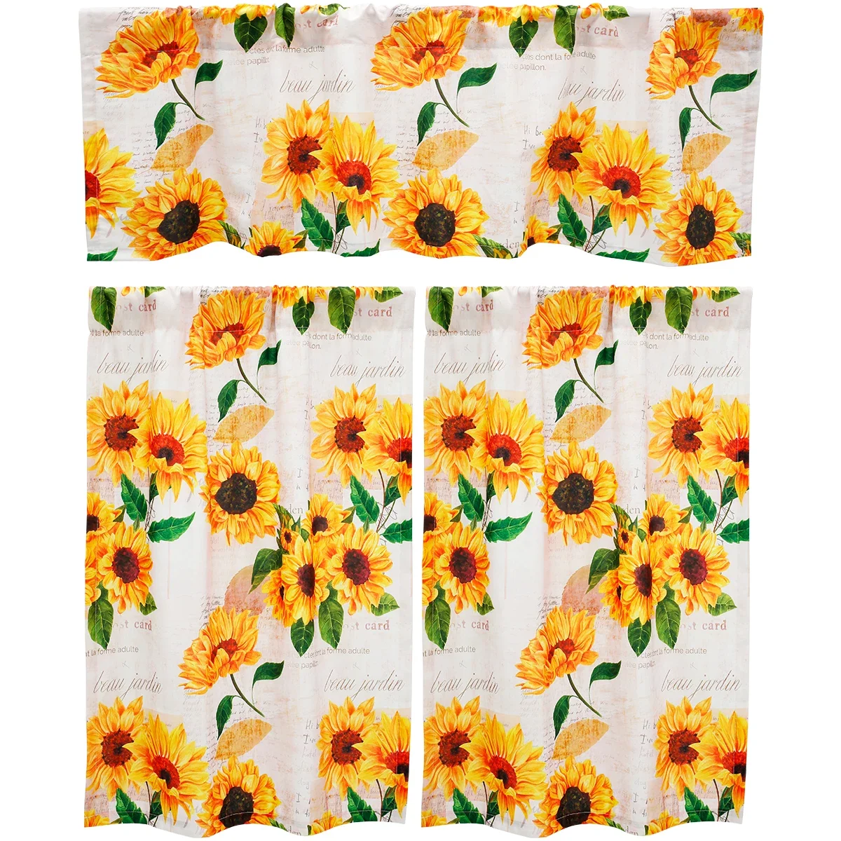 3Pcs Valance and Tier Curtains for Windows Sunflower Kitchen Curtain Set Light Filtering with Wide Rod Pocket Polyester Kitchen