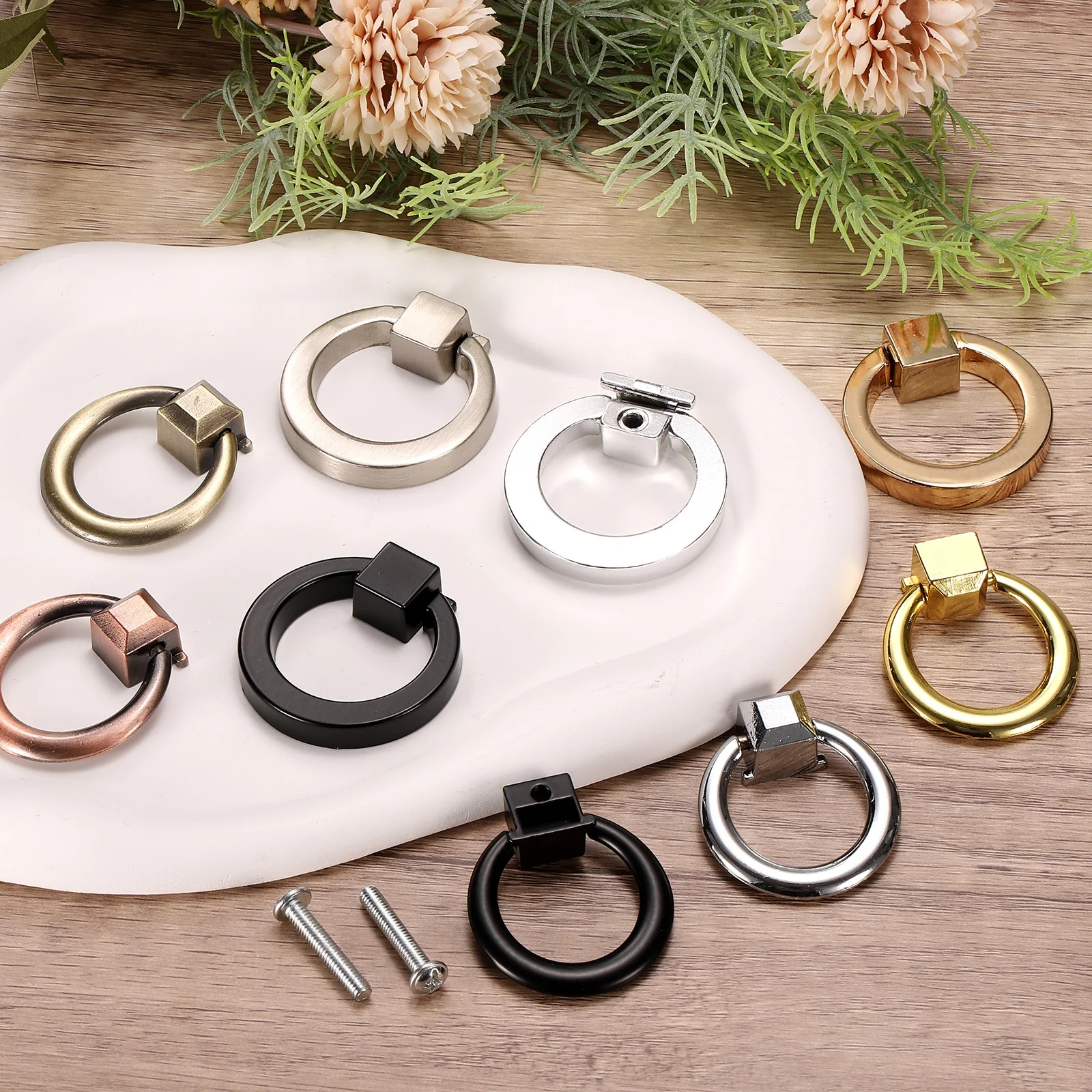 4/8Pc Drawer Pulls Rings Zinc Alloy Solid Furniture Ring Pull Single Hole Dresser Door Handles with Screws for Cupboard Wardrobe