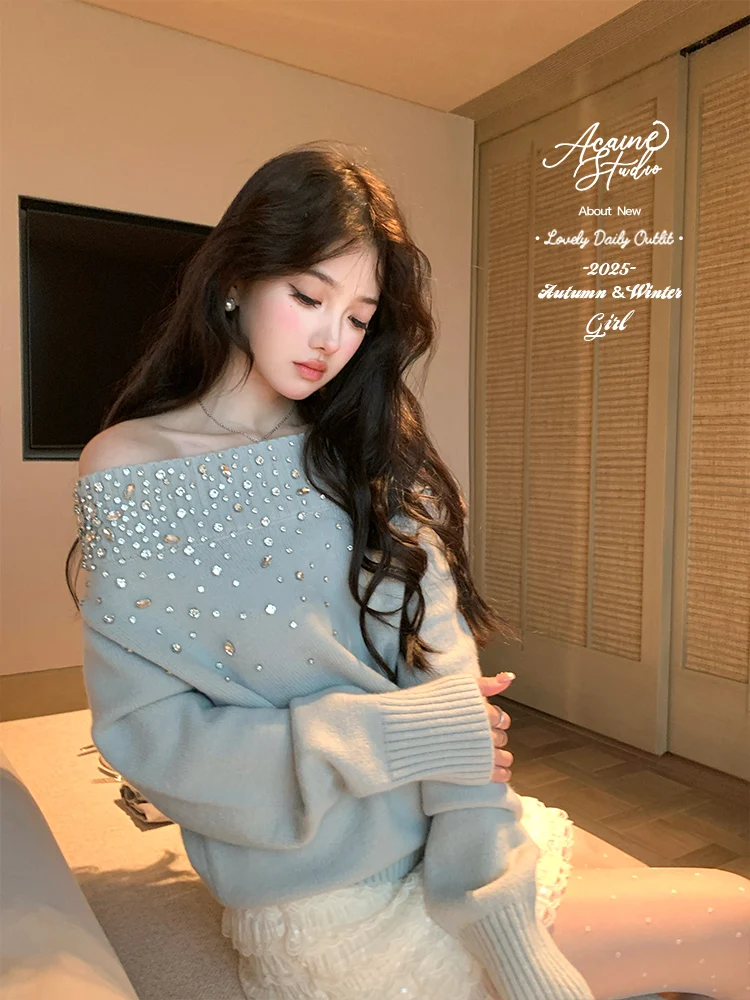 

Женский вязаный свитер Acaine с стразами, с открытыми плечами, длинными рукавами, осенний топ, украшенный бриллиантами