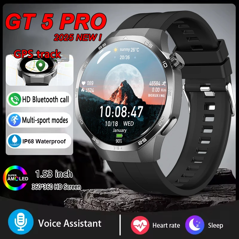 2025 New GT5 PRO GPS Smart Watch Men Woman AMOLED HD Screen Bluetooth Call NFC Heart Rate Compass Waterproof sports Smart Watch