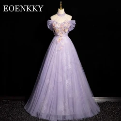 Purple Halter Beading Prom Dresses Elegant 3D Flowers Lace A Line Special Occasion Dress Off Shoulder Tulle vestidos de gala