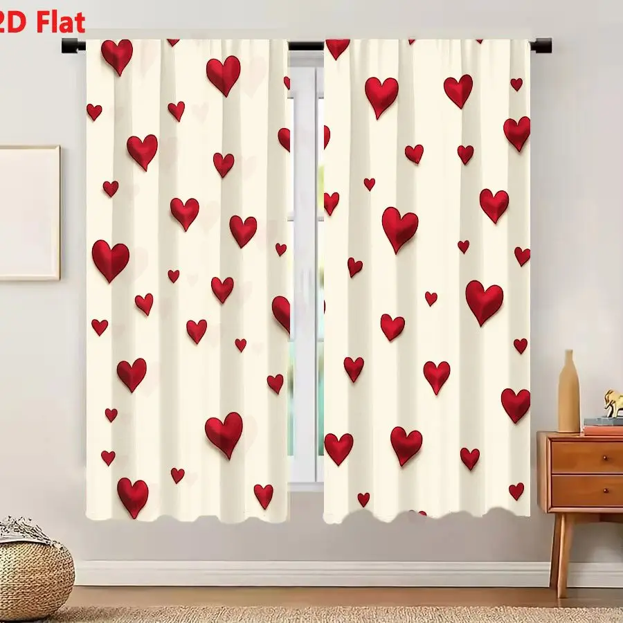 2Pcs Curtains 2D Flat Red Hearts Seamless Pattern On Soft Beige Background For Wallpaper And Fabric Window Drapes for Bedroom Ro