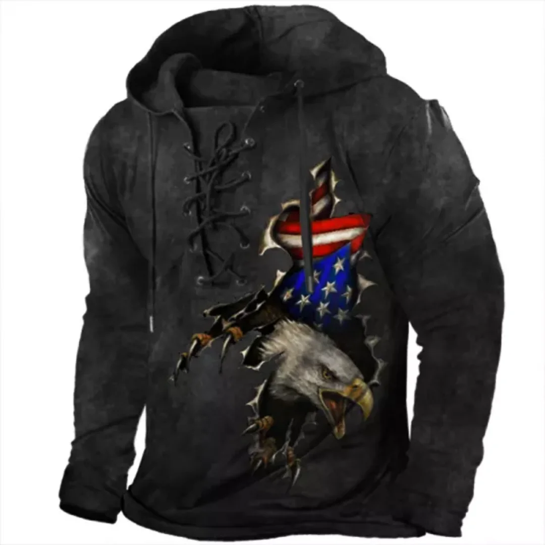 Mens Lace Up V Neck Hoodie Eagle American Flag Break Through Print Drawstring Kangaroo Pocket Patriotic Long Sleeve Pullover