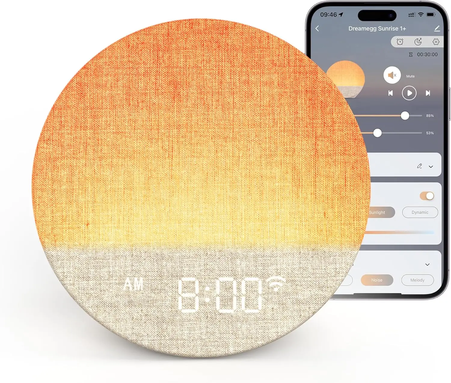 

Устройство для создания звуков на рассвете Sunrise 1+ с будильником, ночником, управлением через приложение, режимами сна, режимом избранного, 34 успокаивающими звуками, белым шумом