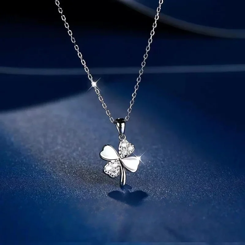 Silver Color Mosaic Zircon Four-leaf Flower Chain Necklace Women's Light Luxury Hot Fashion Collar Choker Accessories