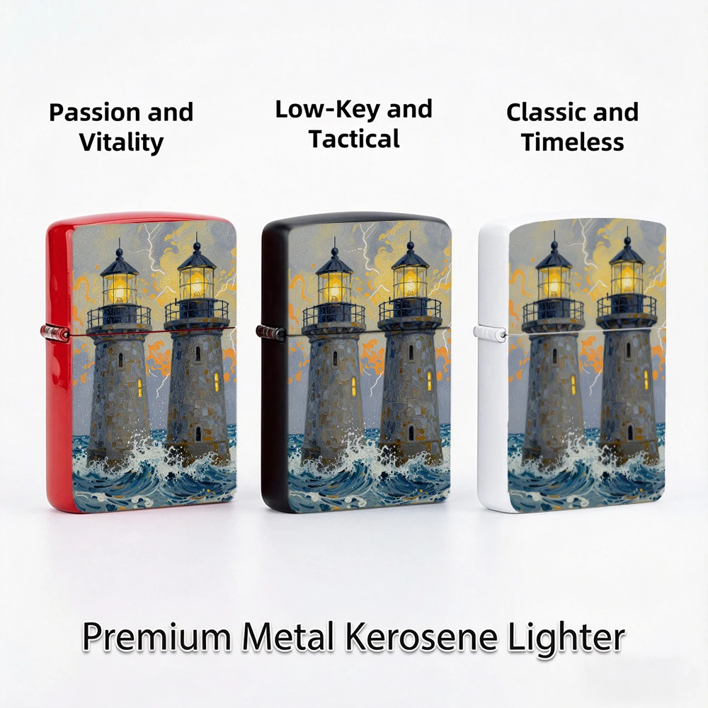Flip Top Lighter Twin Lighthouses Storm Sea Waves Oil Painting Art Pattern lighters vintage lighters for smokers Collectible