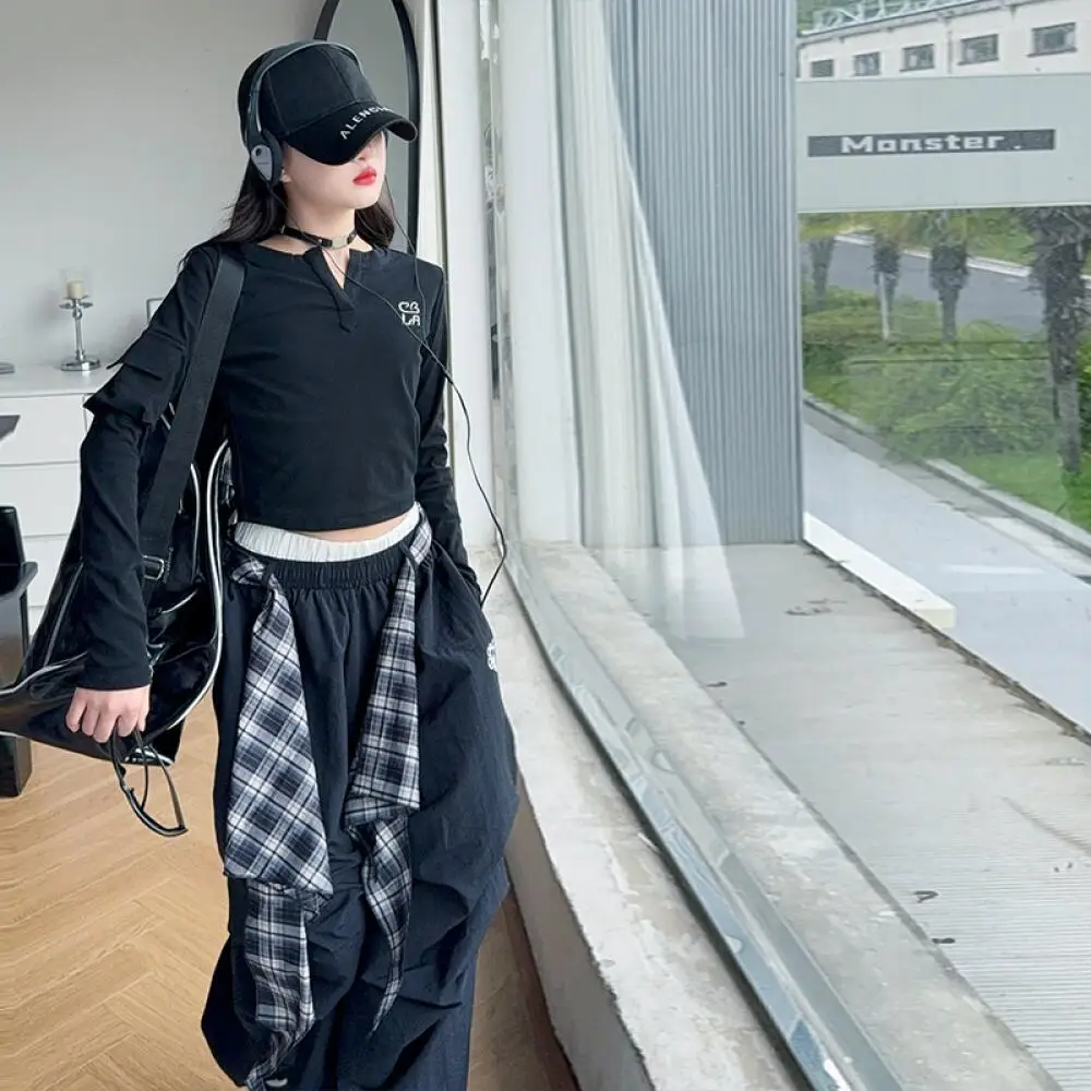 

Kawaii футболка для девочек, комплект штанов десантника, танцевальный костюм, студенческие осенние повседневные топы, широкие брюки, комплект из 2 предметов, детская одежда