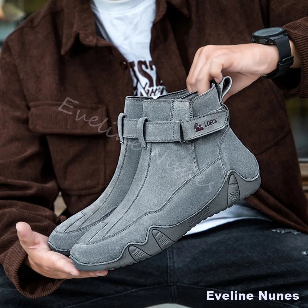 Men Matte Grey Suede Ankle Boots Soft Non‑Slip Rubber Sole Retro Shoes Hook‑and‑Loop Strap Autumn Winter Daily Casual Short Boot