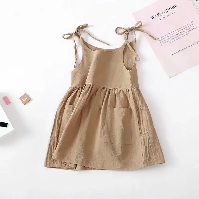 2024 Summer Toddler Girl Dress Solid Cotton Sleeveless Children Dress Kids Sundress Slip Dress Fashion Girls Clothing