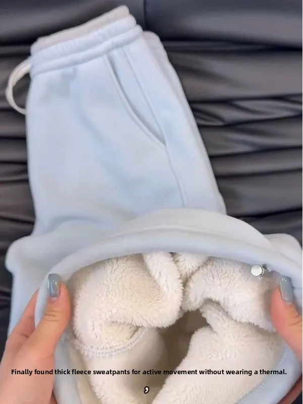 Thi Fce Women's Sweatpants Baby Blue Windproof Warm Alpaca Wool High Waist Knife-ape Casual Comfortable Winter Trousers view 2