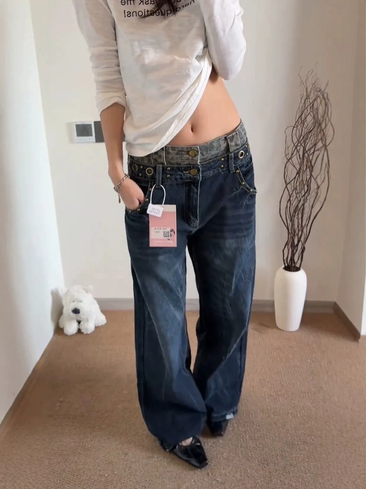plus Size American Retro Leopard Print Double Waist Casual Wide Leg Jeans Women's Loose Slimming Drapey Autumn New Style