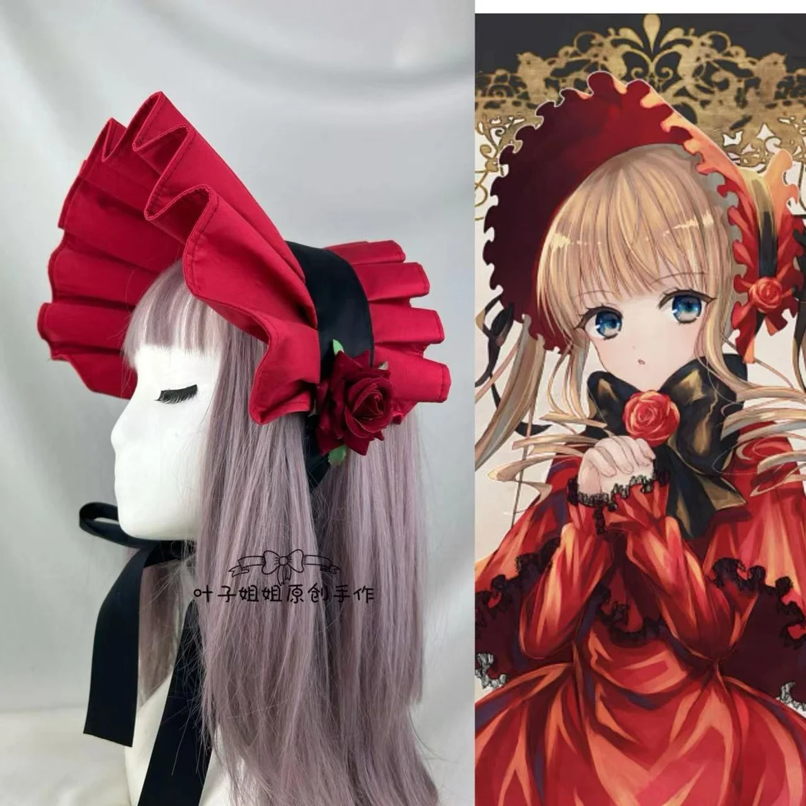 Real Red Cosplay Anime European Retro Hat Rose Girl Doll Lolita Bonnet