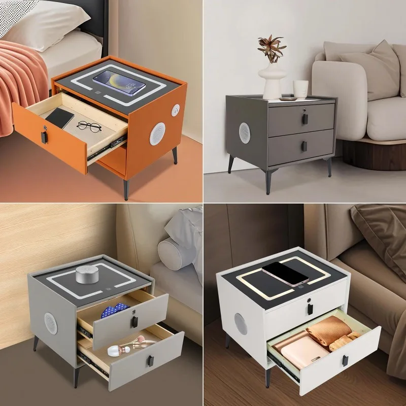 Modern Rectangular Bedside Table with Drawers Bluetooth Speaker Smart Bedside Table Bedside Table with Light USB& Wireless Charg