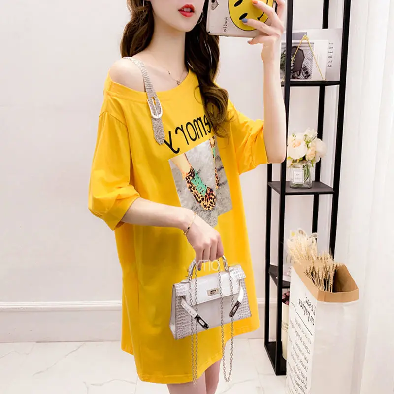 Yellow Pulovers Loose Fashion Graphic Elegant Korean Women T-shirt Summer Plain Midi Short Sleeve Casual Clothes T Shirt Tops