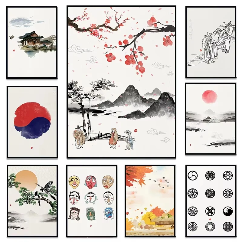 Minimalist Korean Ink Landscape Art Poster: Seoul Sunset Frameless Canvas Print for Home Decor in the Living Room or Bedroom