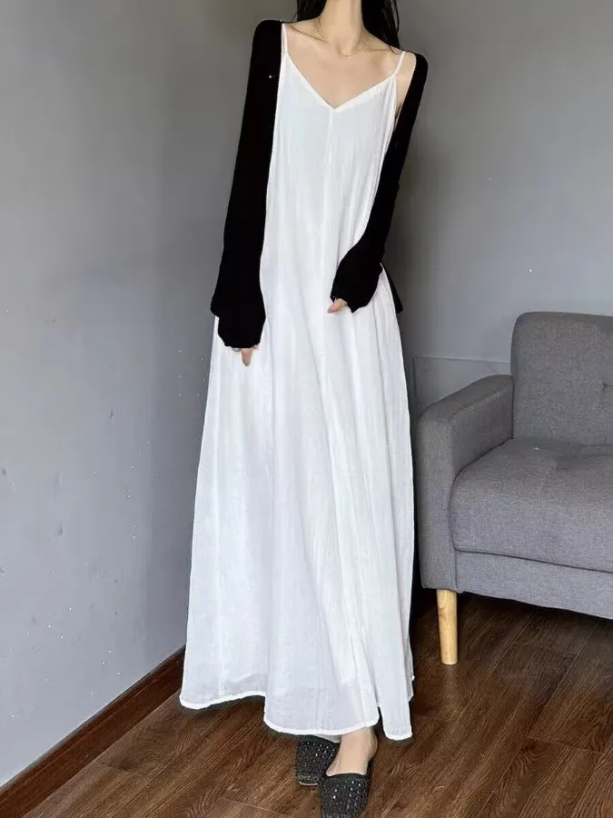 White Cotton Linen Loose Strap Dr Slimming Summer Long V-ne Dr Artistic Sle Women's Dr Commute Sle Midi Dr