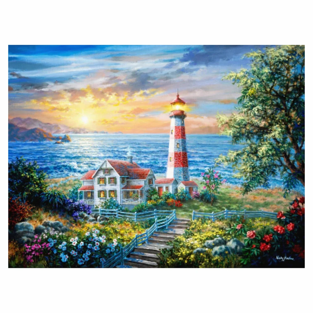 LZAIQIZG 5D Diamond Painting Lighthouse Villa Diamond Embroidery Seaside Landscape Cross Stitch Handicraft Decoration For Home