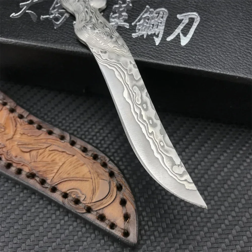 Flying Goddess Damascus Steel Handmade Mini Outdoor Small Fixed Blade Knife Camping Fruit Knife Portable Key Knife EDC Tool