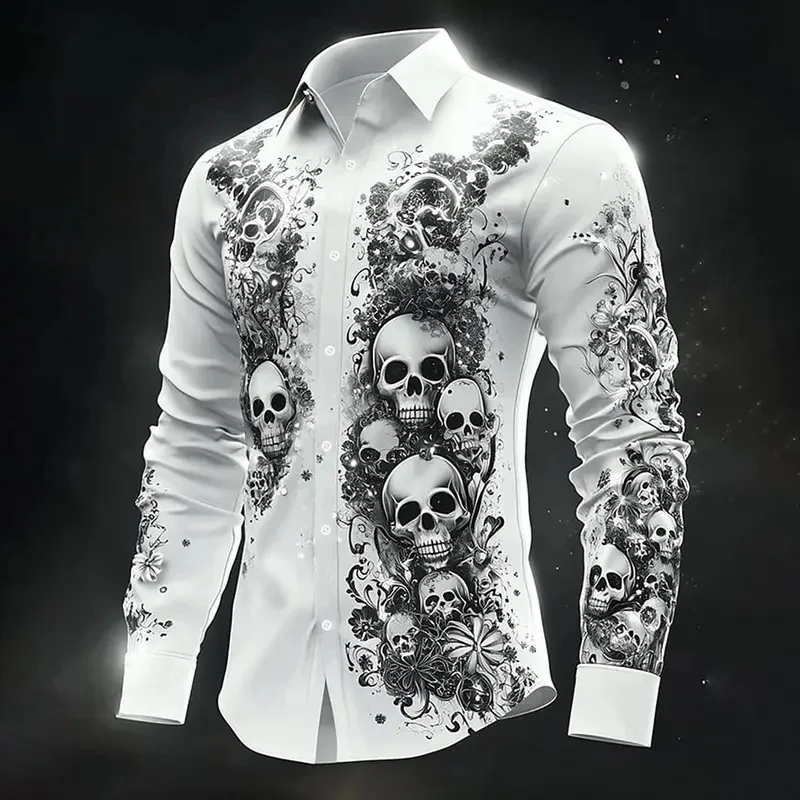 Hip Hop Skull Print Shirt Men Streetwear 2026 Long Sleeve Tops Urban Trendy Graphic Tee Shirt Casual Loose Fit Gothic Clothing